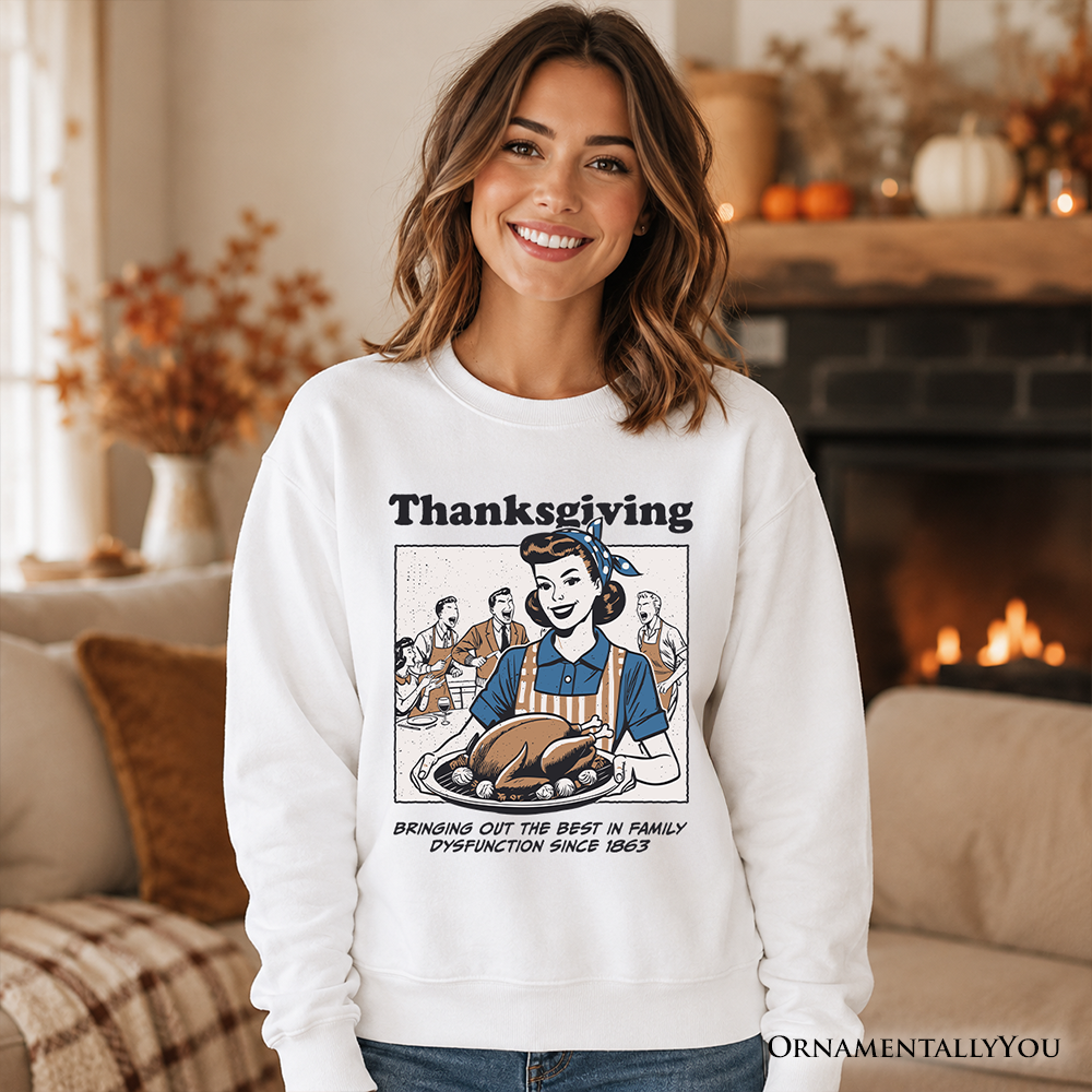 White crewneck sweatshirt with Thanksgiving woman graphic and turkey illustration