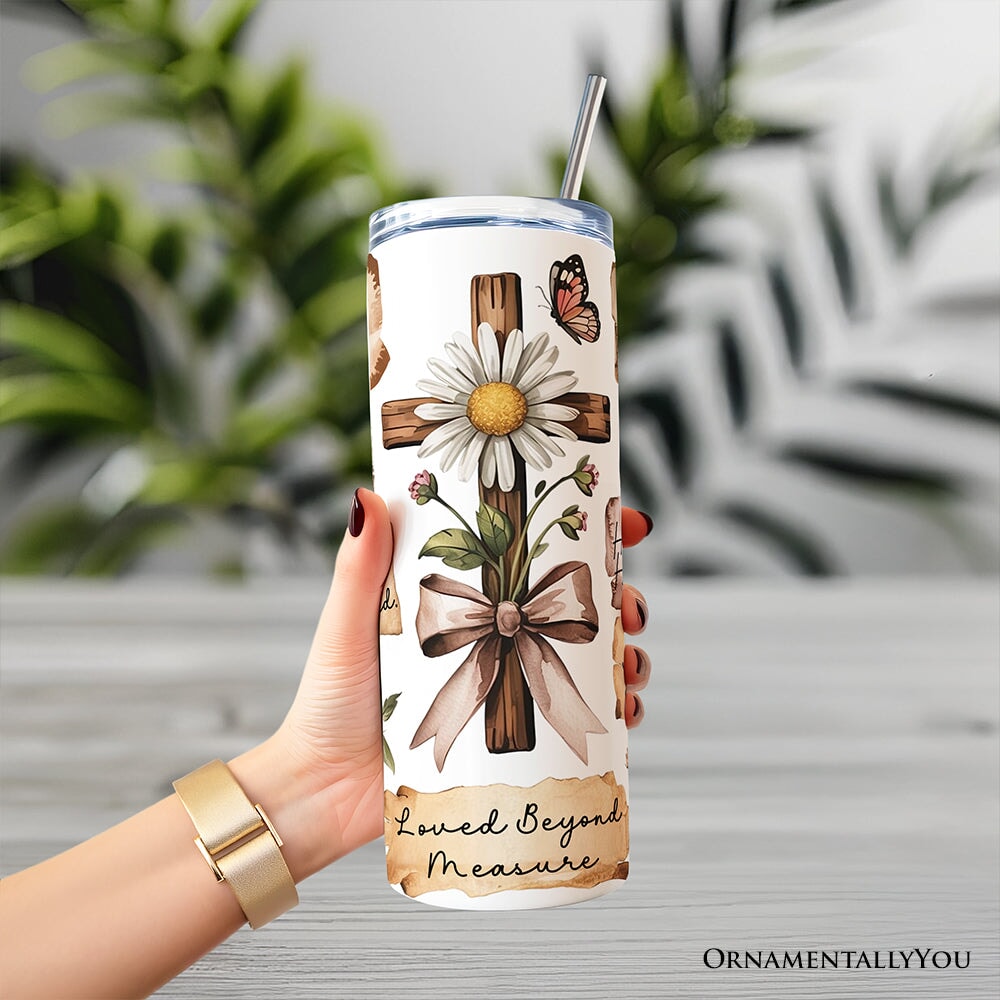 Hand holding vintage floral Christian tumbler with lid and stainless straw, white design