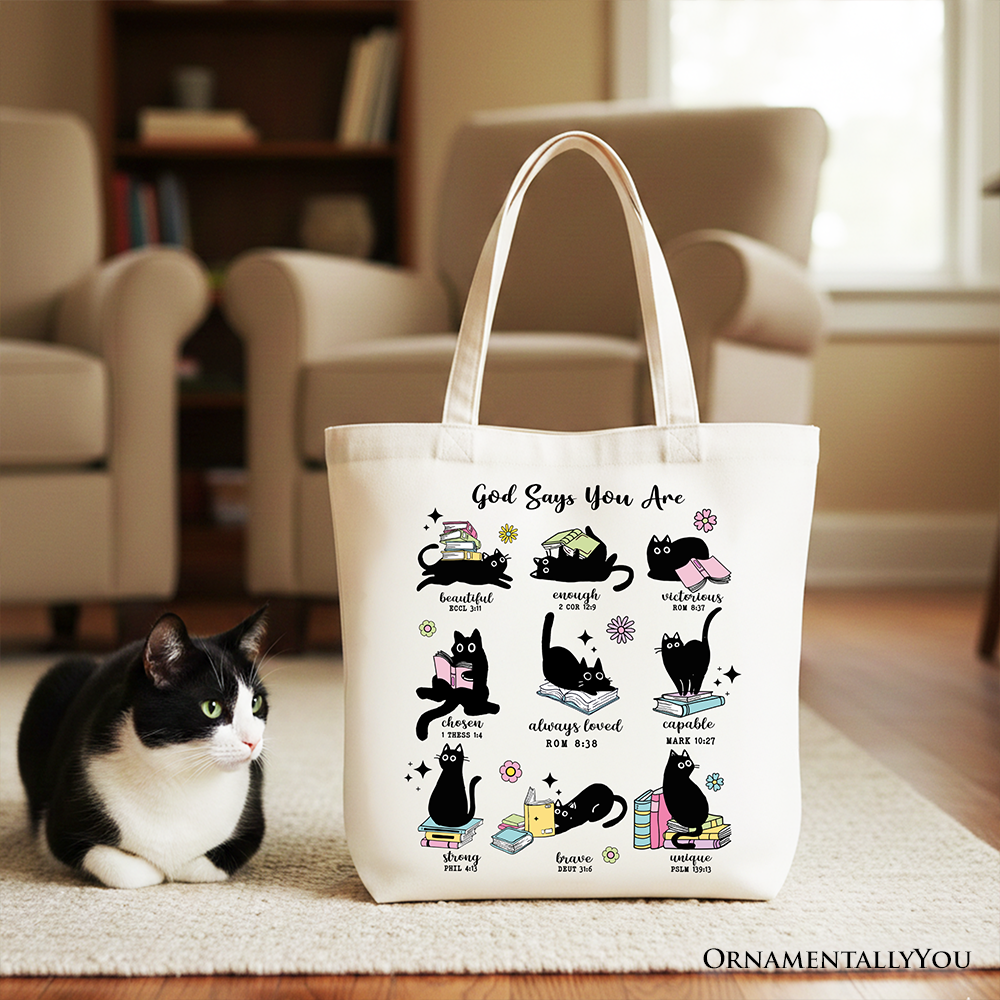 White tote bag with cat scripture graphic and colorful accents on the front