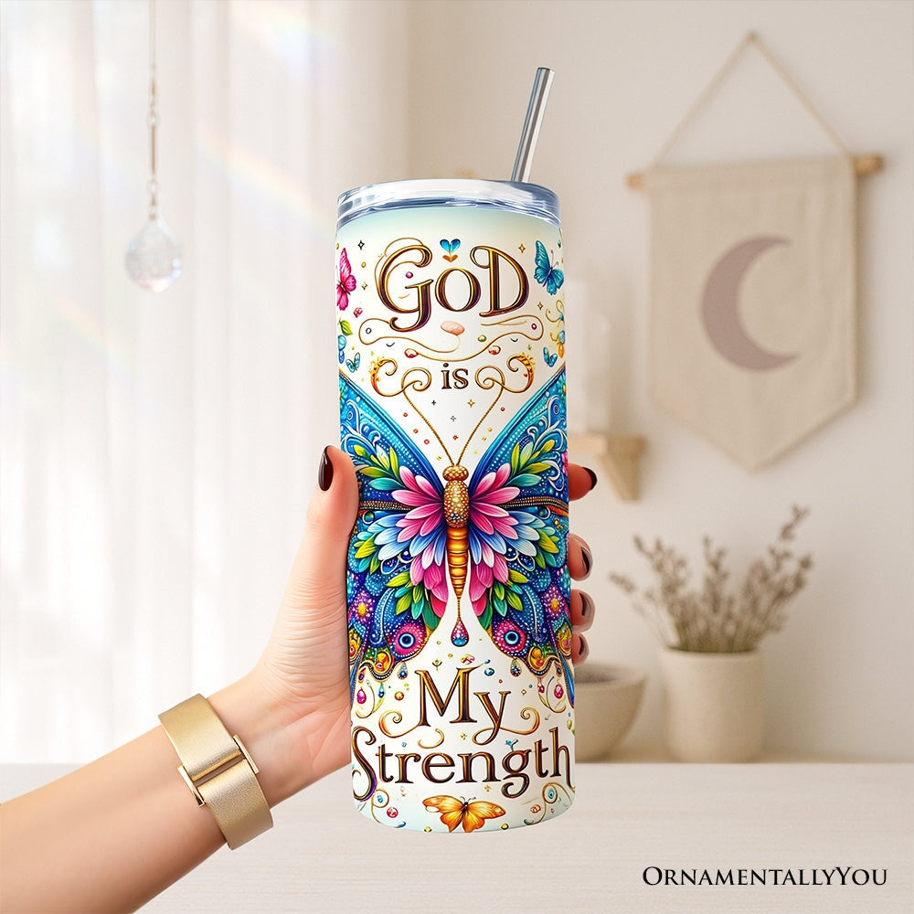 20oz personalized tumbler with lid and steel straw; butterfly floral print with “My Strength”