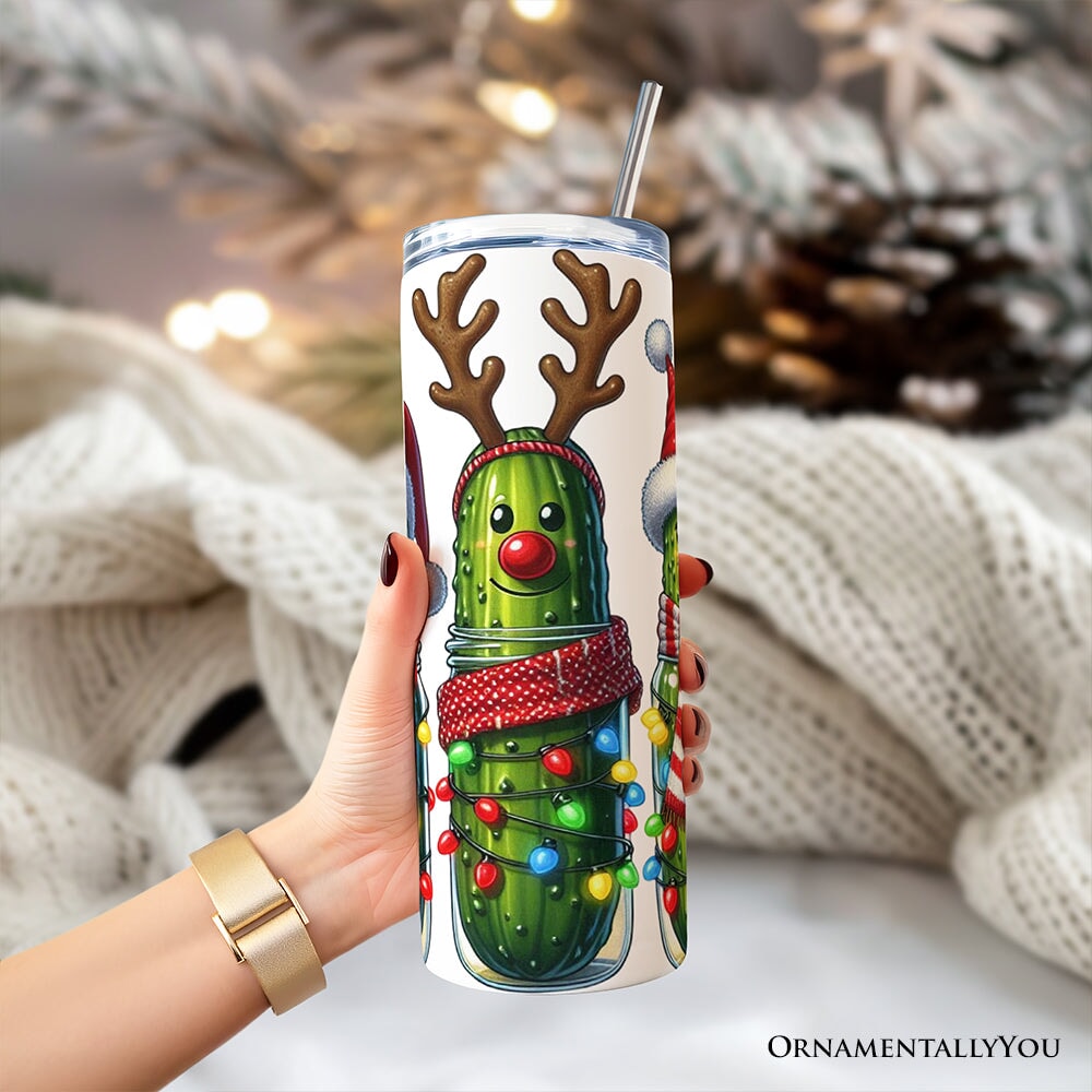 Personalized Christmas tumbler with lid and stainless straw, green pickle character graphic