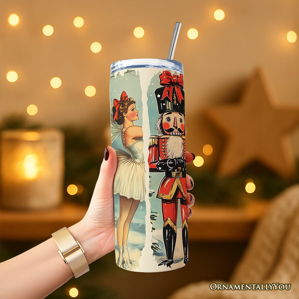 Insulated tumbler with lid and silver straw, nutcracker and ballerina design