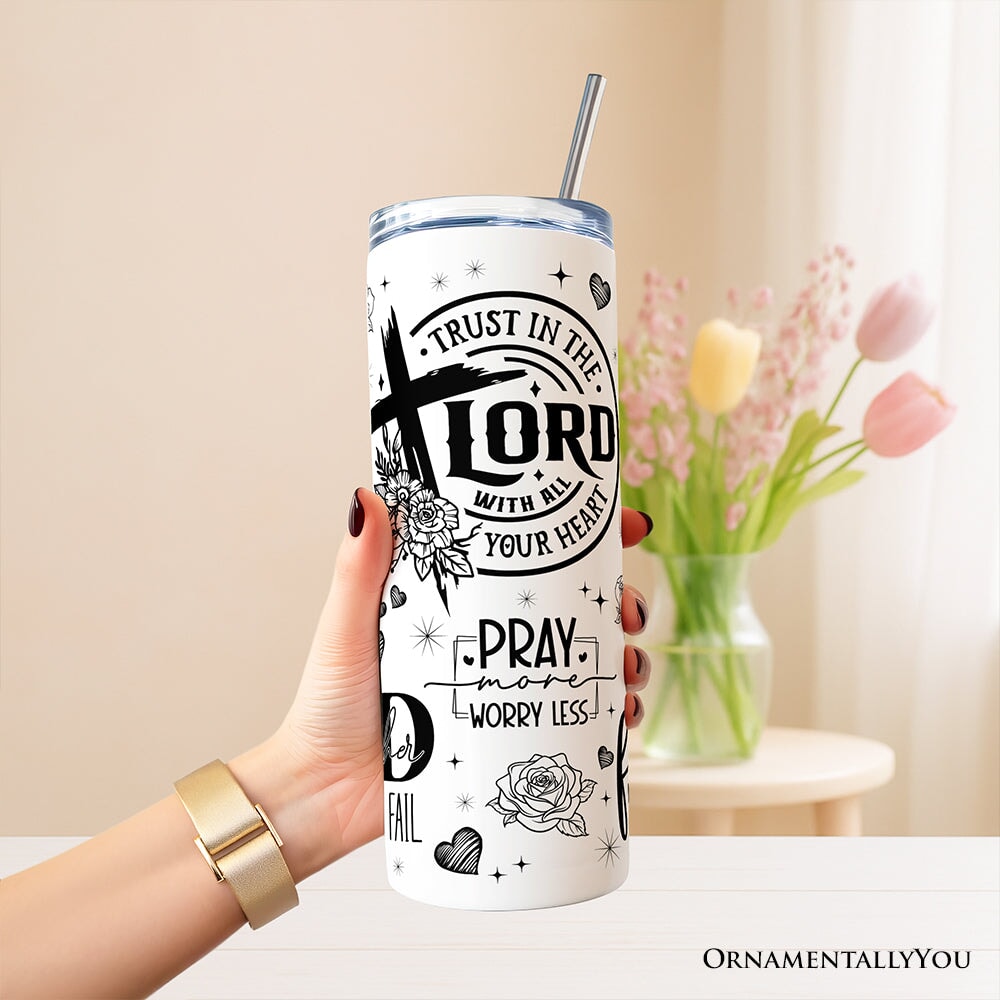 White 20oz tumbler with lid and stainless steel straw, floral Christian verse print
