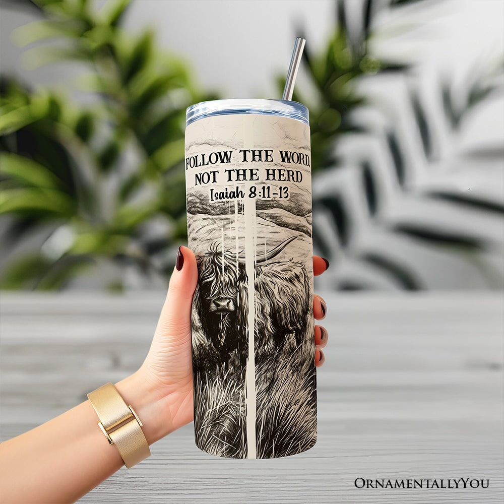 20oz tumbler with lid and stainless straw; black-and-white highland cow verse design
