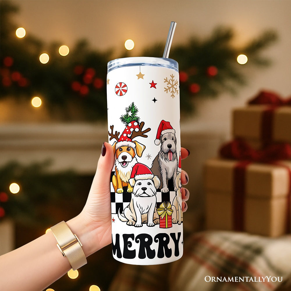 Personalized 20 oz tumbler with lid and straw, dog Santa hat graphic with Merry text