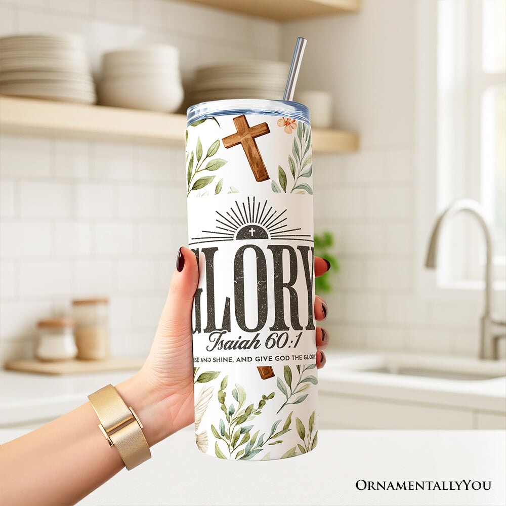 20oz Christian tumbler with lid and stainless straw, white floral pattern with cross and Glory text