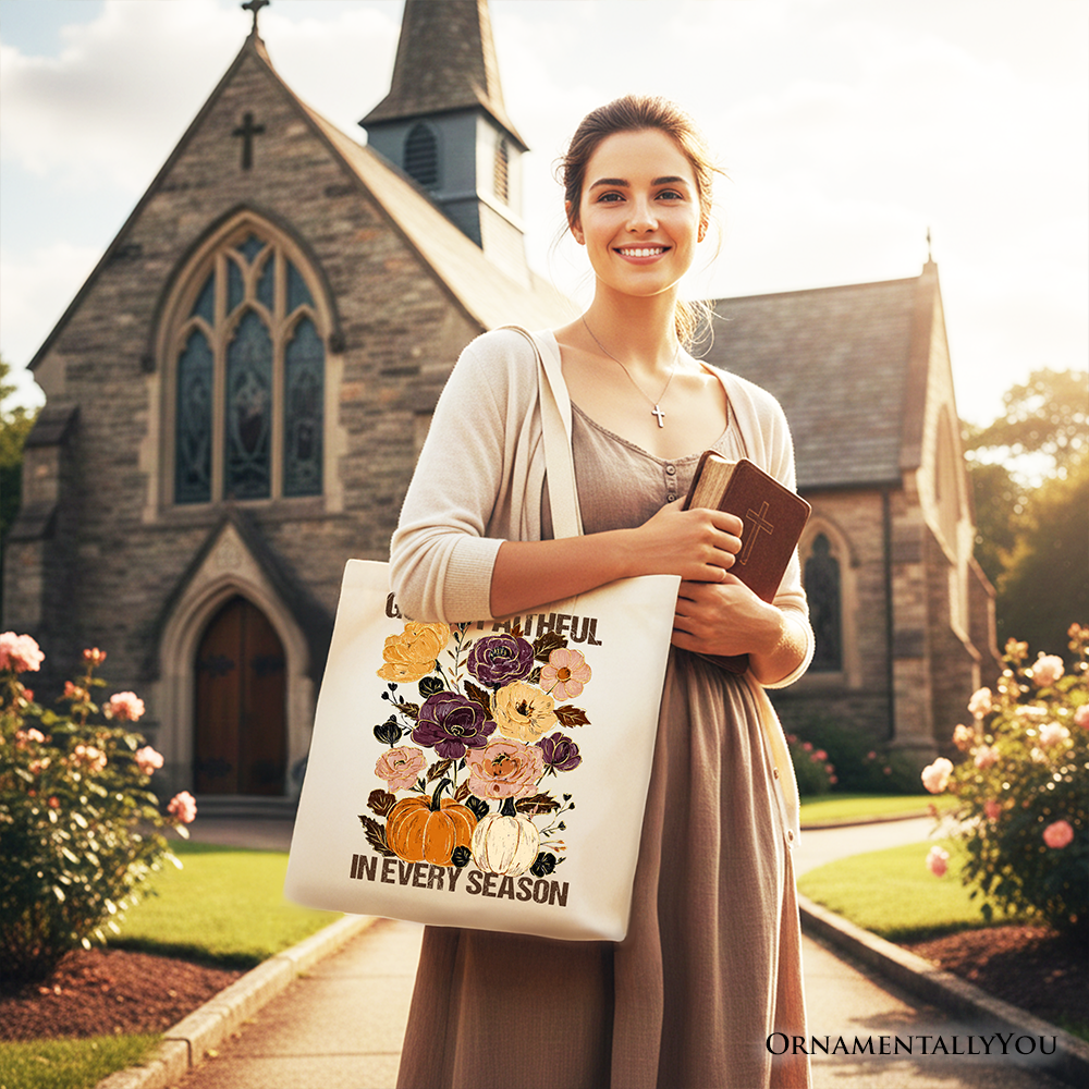 Light beige cotton tote bag with floral print and 'God is faithful in every season' text