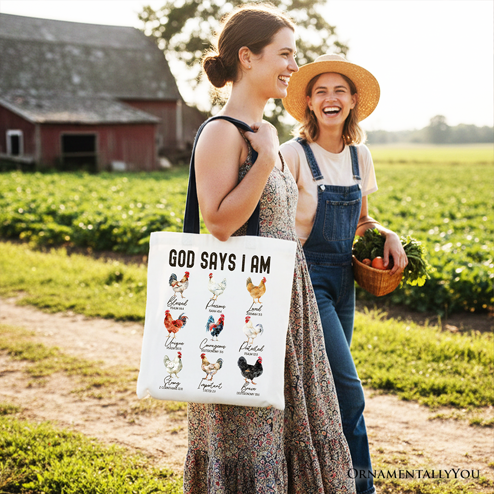 White tote bag carried in front, featuring black text and rooster/chicken illustration