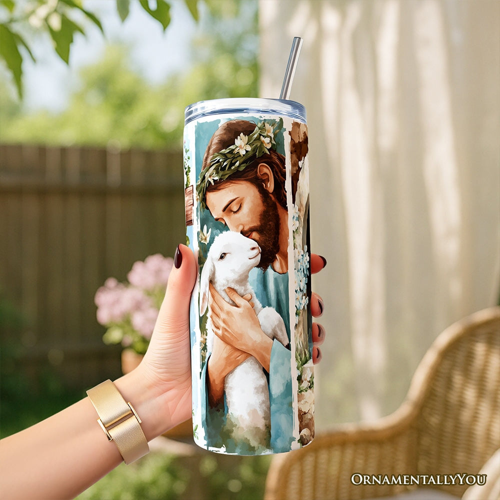 Easter blue tumbler with lid and straw, portrait and flowers wrap design.