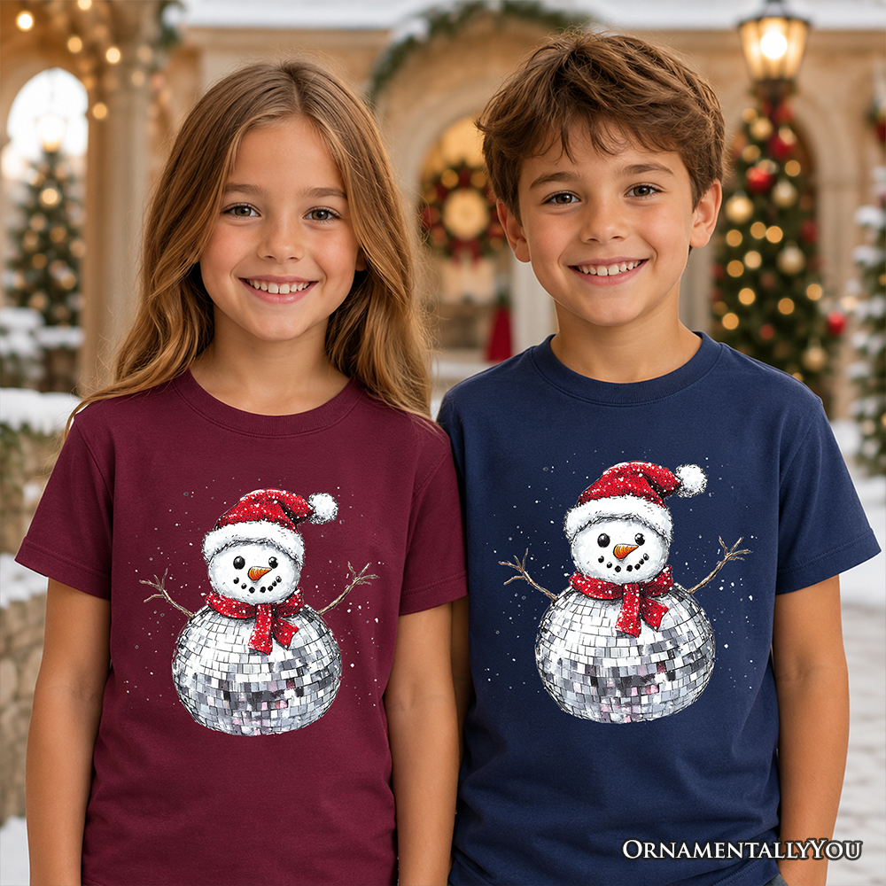 Kids t-shirt pair: maroon and navy tees with disco snowman graphics and red scarves