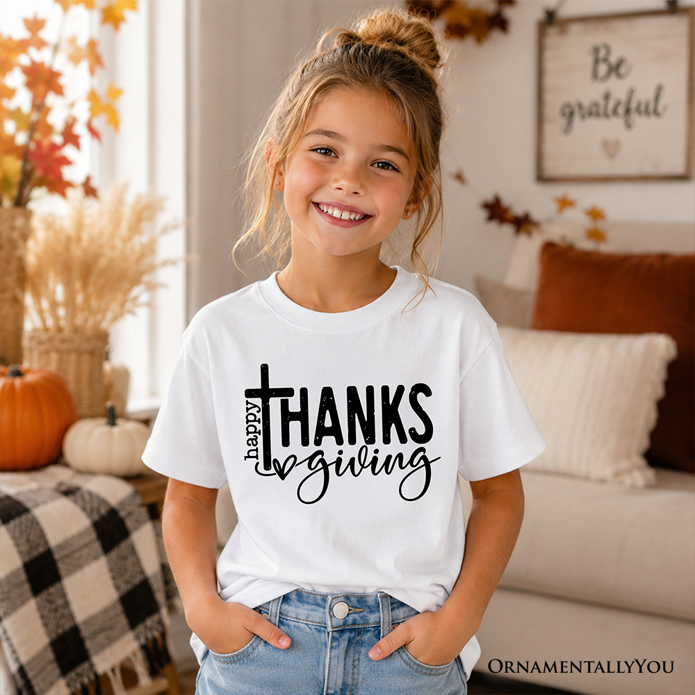 Kids T-shirt in white with black "THANKS giving" cross graphic