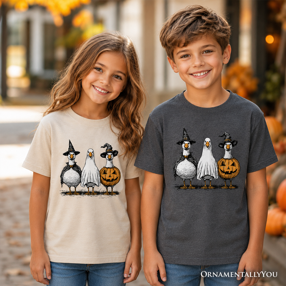 Kids matching Halloween T-shirts: sand and dark gray, penguin trio with jack-o-lantern
