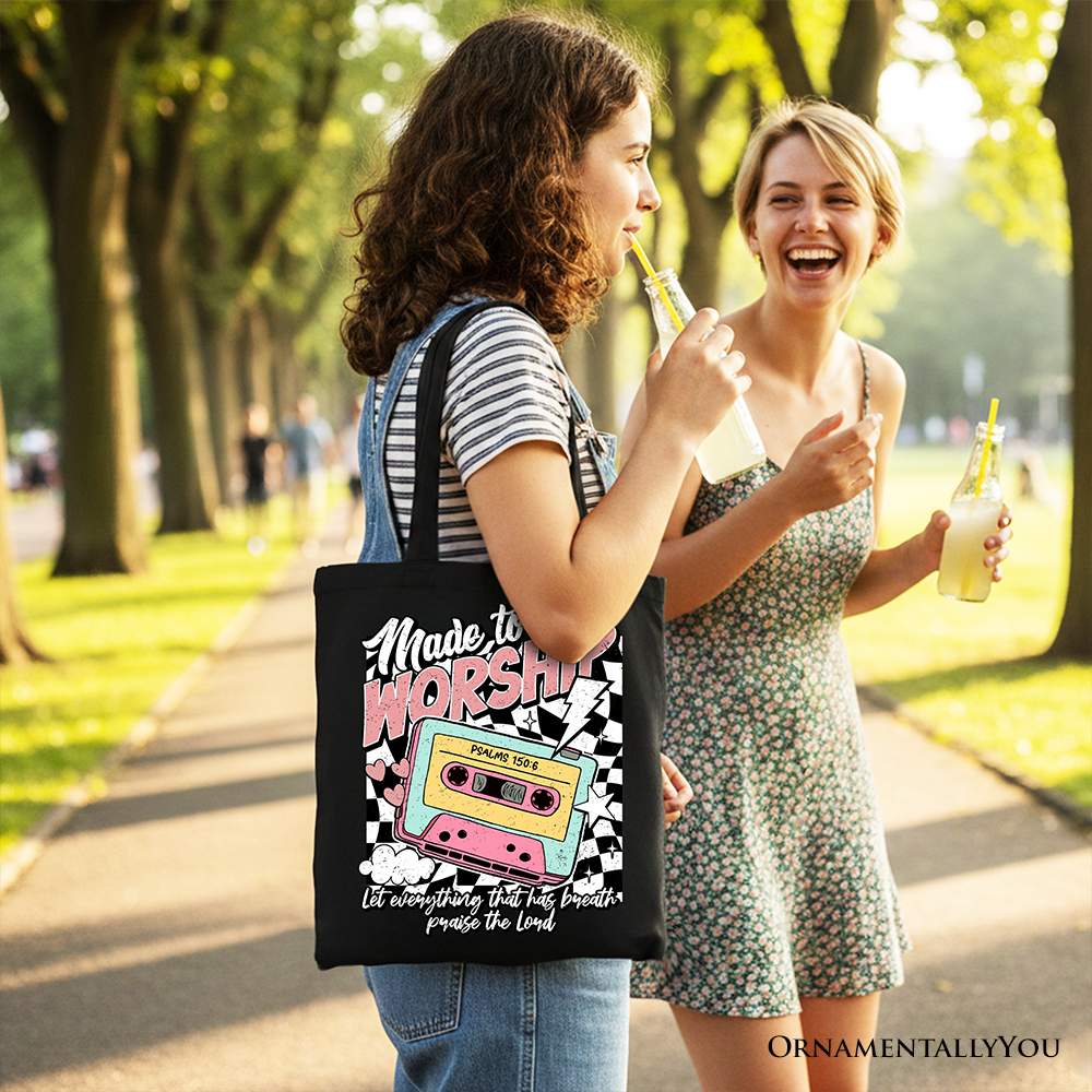 Black Christian tote bag with black handles and Bible verse cassette style front print