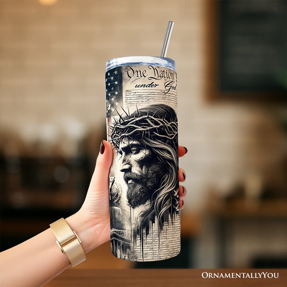 20oz tumbler with clear lid and stainless straw, black-and-white 'One Nation Under God' face design