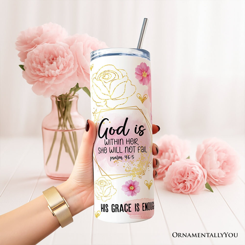 Pink floral Christian tumbler with lid and stainless steel straw, held in a hand