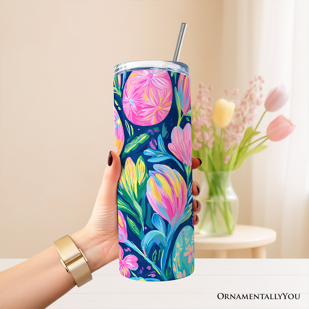 20oz tumbler with lid and straw, spring floral painted egg pattern