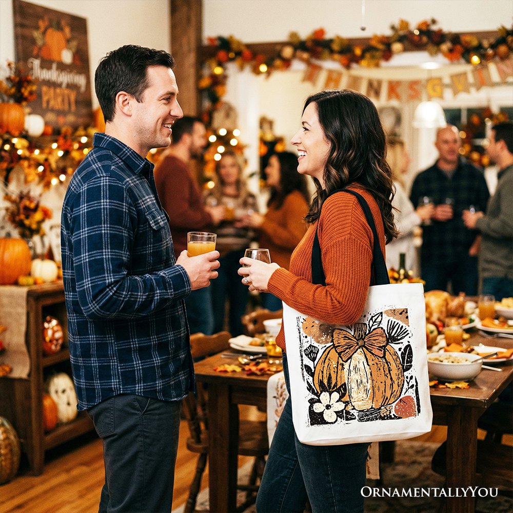 White canvas tote bag with orange pumpkin floral bow print, carried by shopper