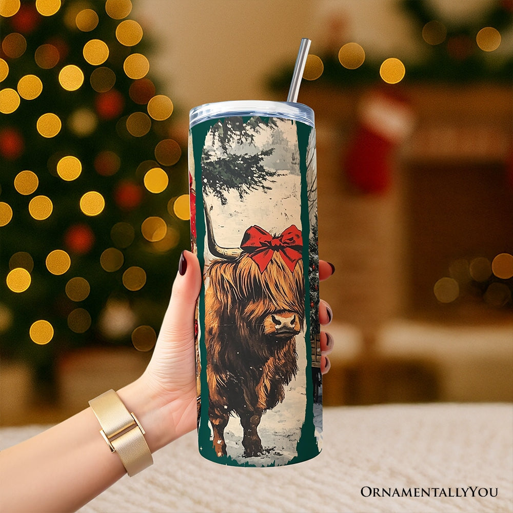 20oz personalized tumbler with lid and straw, hand holding Highland cow with red bow