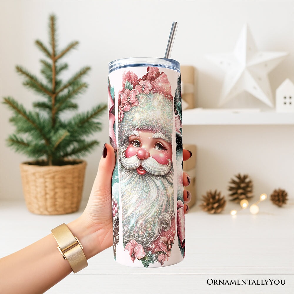 Personalized Christmas tumbler with lid and stainless straw, Santa face artwork in pink
