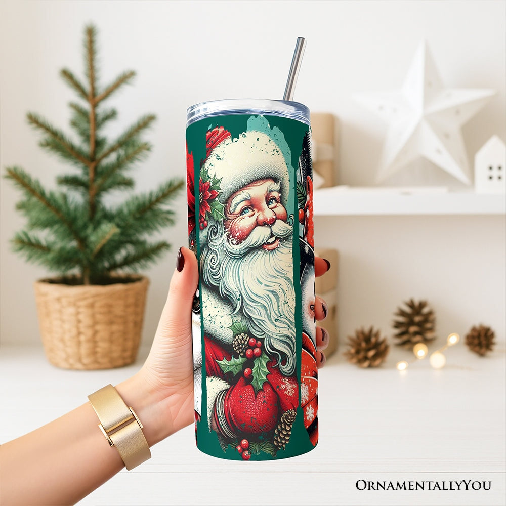Green 20oz Christmas tumbler with lid and stainless straw, Santa and holly artwork