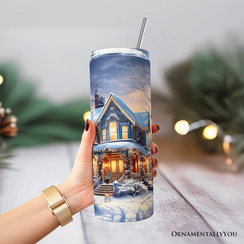 Blue winter house night tumbler with lid and silver straw, cottage lights on front