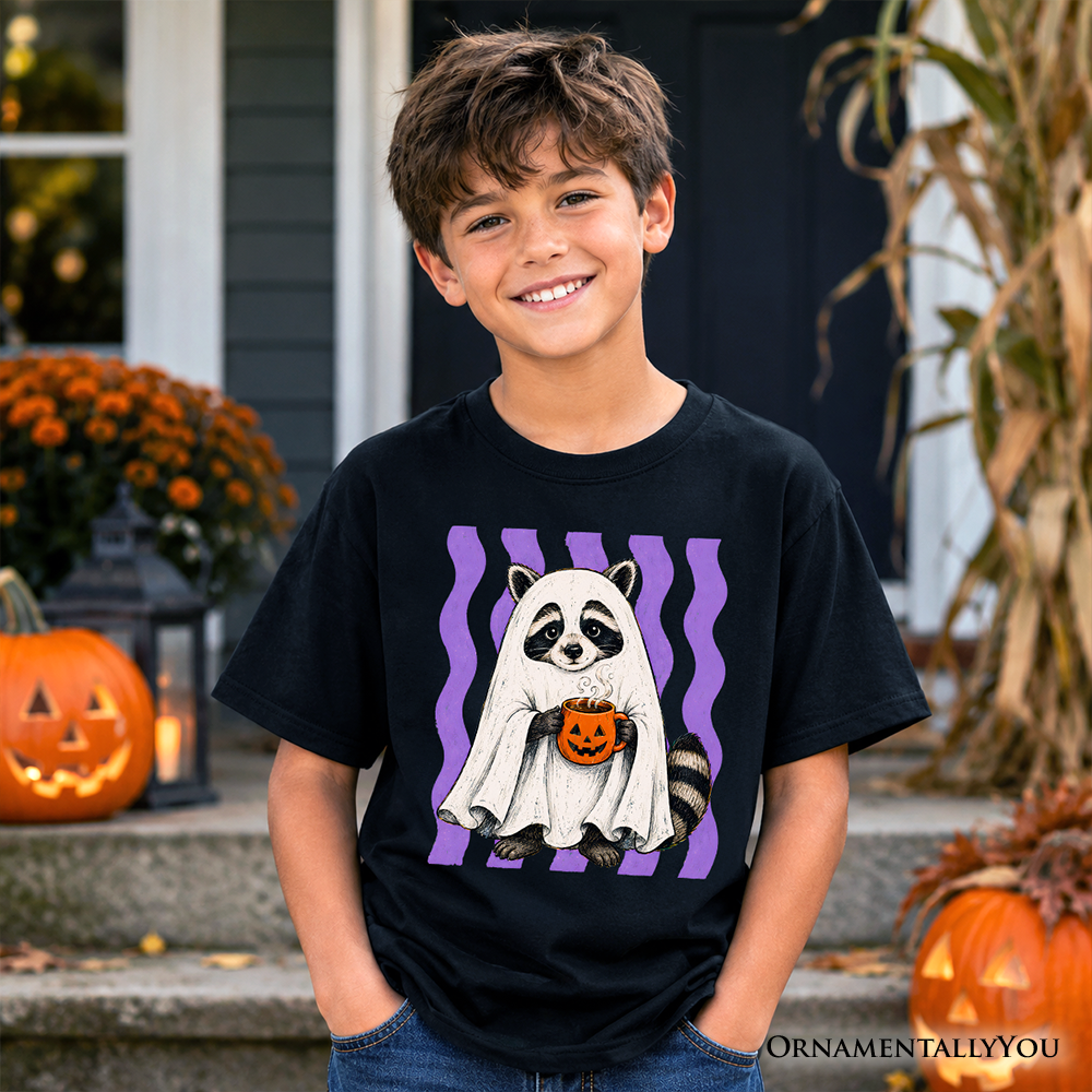 Kids Halloween raccoon ghost pumpkin T-shirt, black with front graphic
