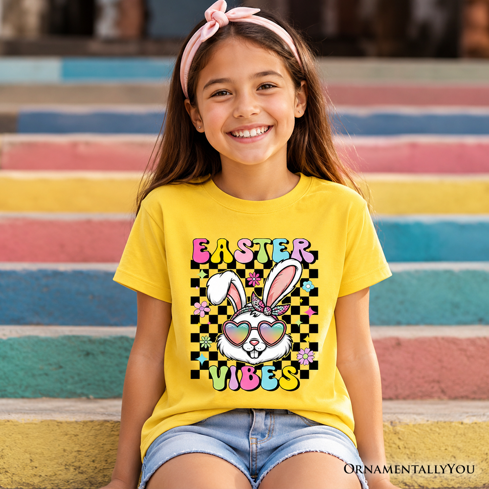 Kids Easter graphic T-shirt, yellow crew neck with bunny “Easter Vibes” print