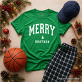 Kids green crewneck t-shirt with "MERRY BROTHER" front print
