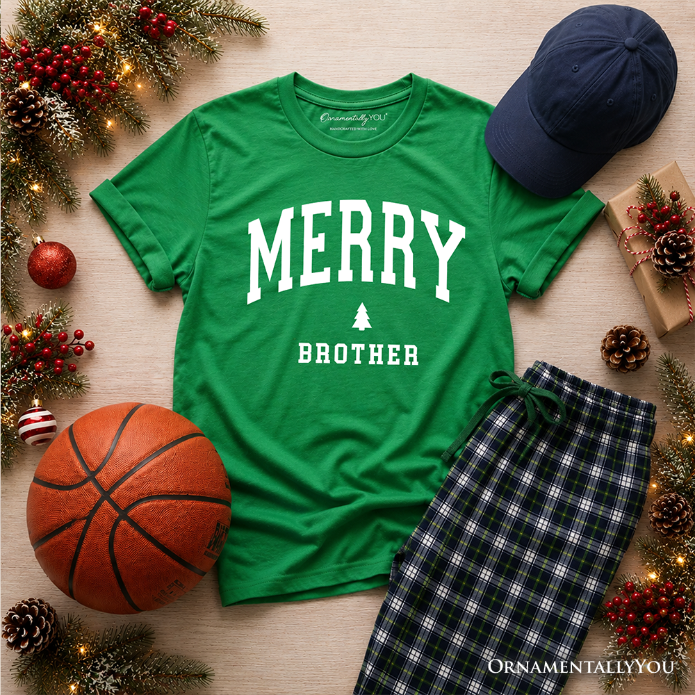 Kids green crewneck t-shirt with "MERRY BROTHER" front print