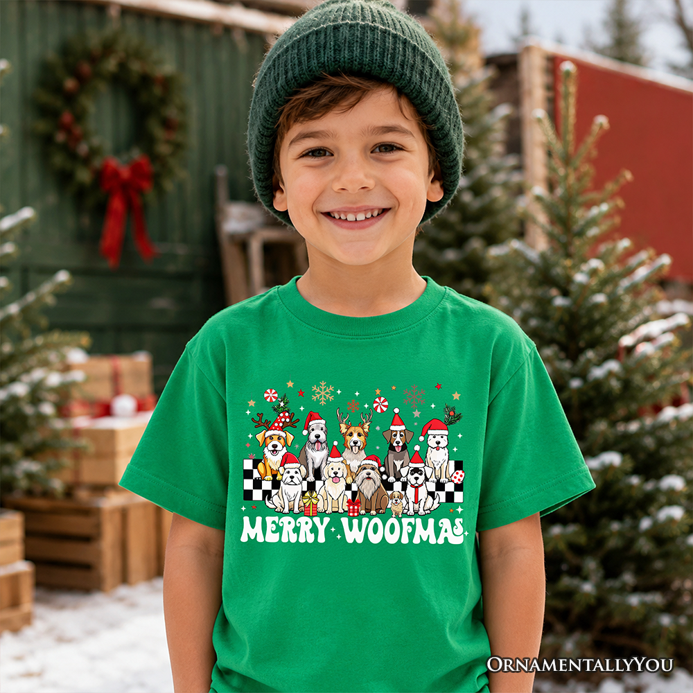 Kids Irish green dog Christmas T-shirt with Santa hats and “Merry Woofmas” graphic