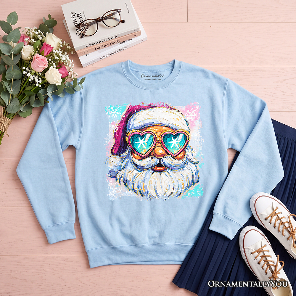 Light blue crewneck sweatshirt with Santa face graphic wearing neon sunglasses