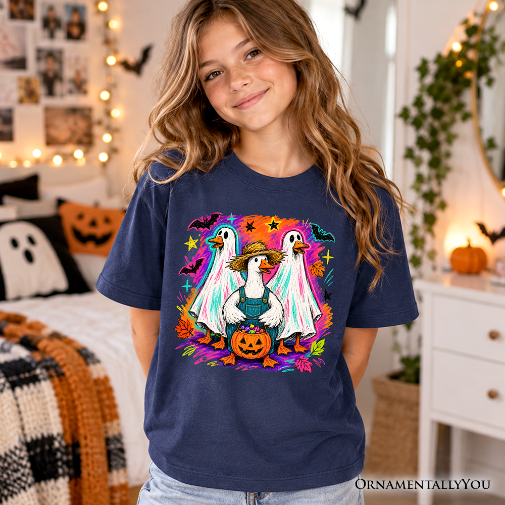 Kids Halloween t-shirt in navy blue with colorful geese and jack-o'-lantern graphic