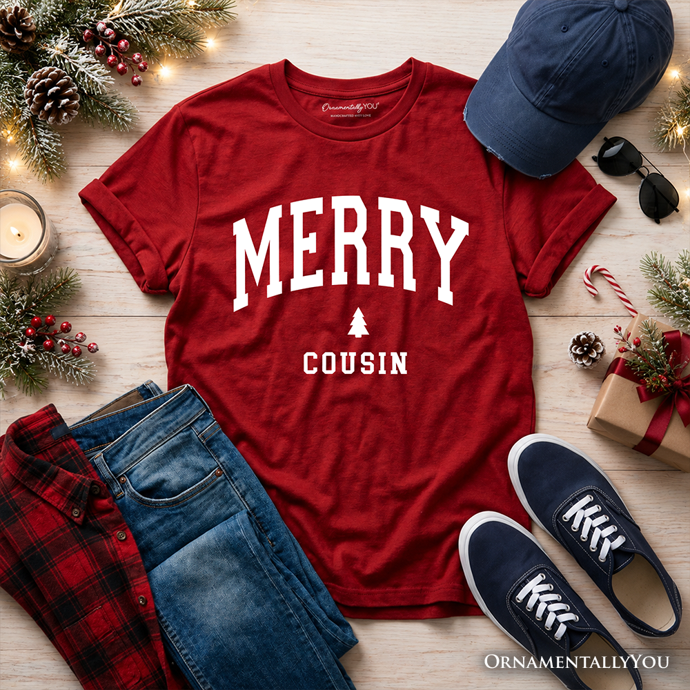 Kids red Christmas T-shirt flat lay with white 'MERRY COUSIN' graphic