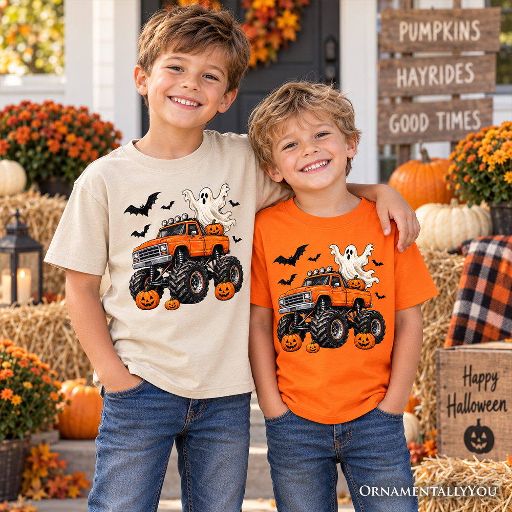 Kids Halloween T-shirt pair: sand and safety orange with monster truck, ghost and pumpkins