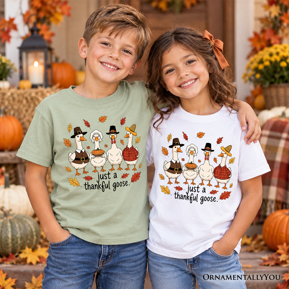 Kids duo wearing sage green and white “just a thankful goose” turkey family T-shirts