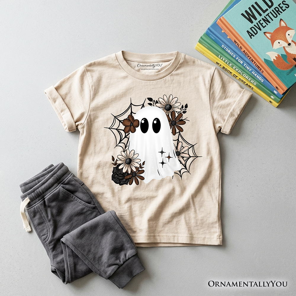 Kids natural beige T-shirt laid flat with ghost graphic and floral spiderweb print