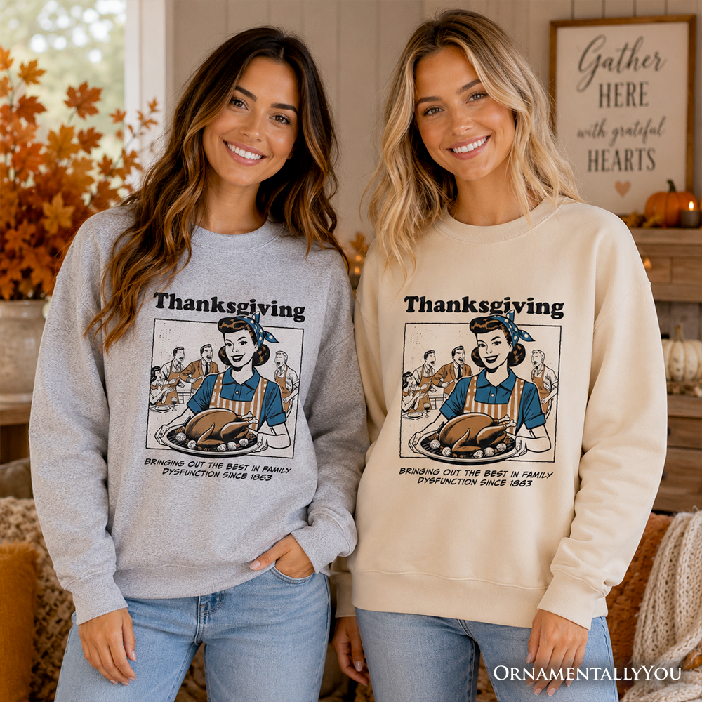 Two crewneck sweatshirts, gray and sand, featuring matching Thanksgiving turkey graphic