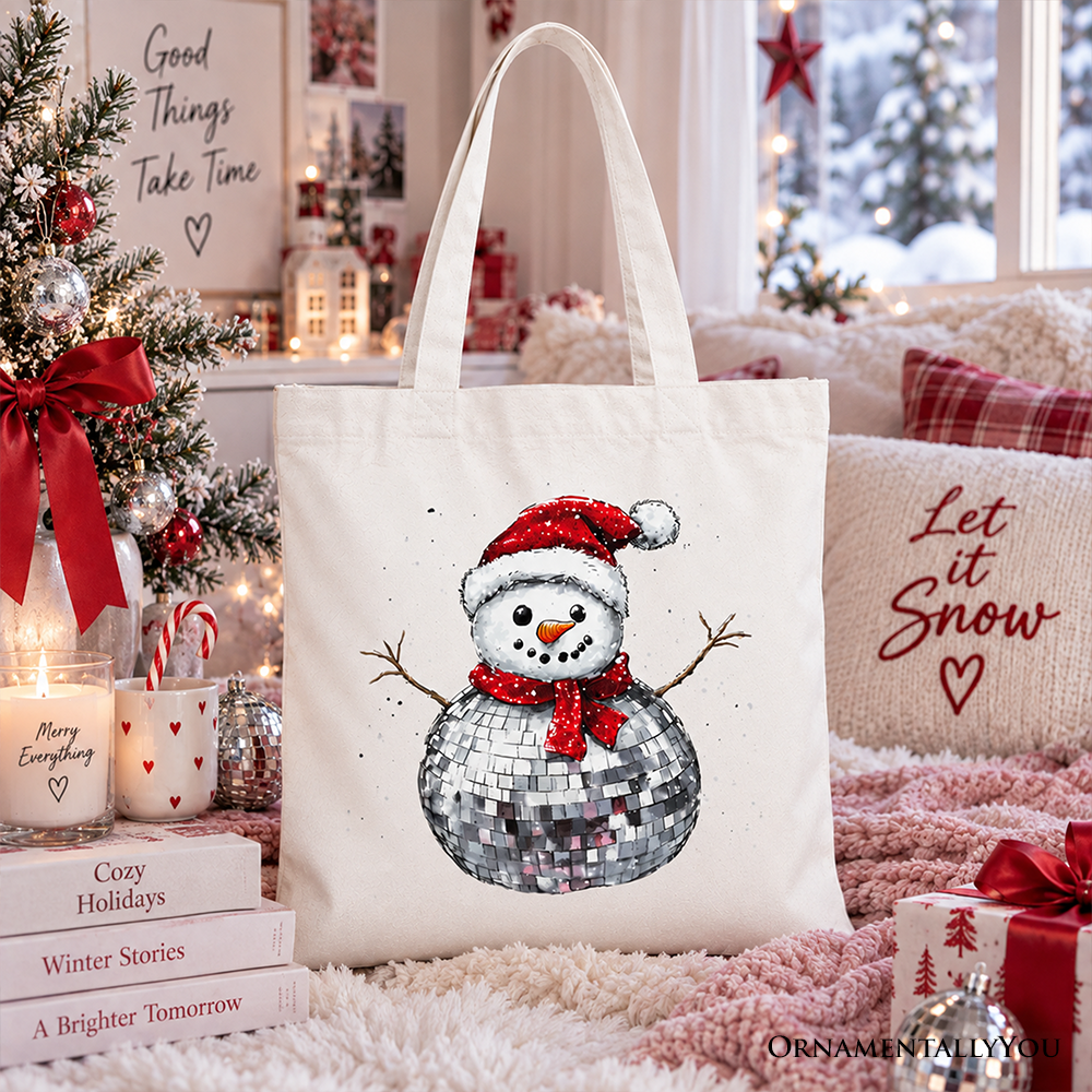 White tote bag with disco snowman graphic and light-colored handles