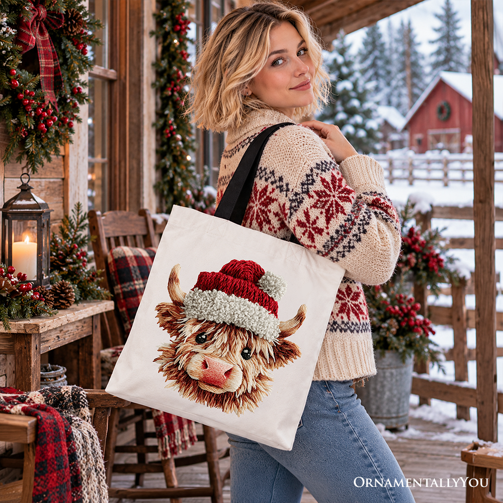 Cream tote bag with Highland cow Santa hat graphic and black strap