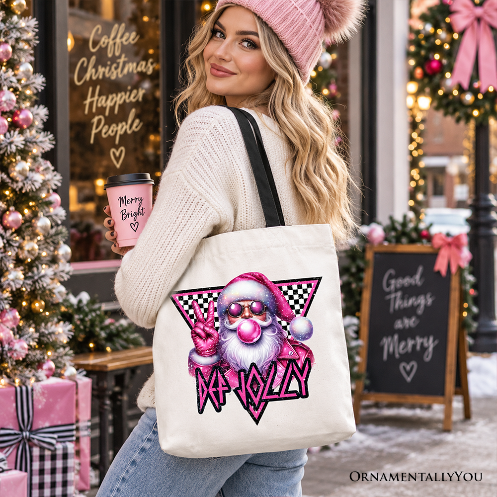 White tote bag with Santa bubblegum graphic and black carry straps