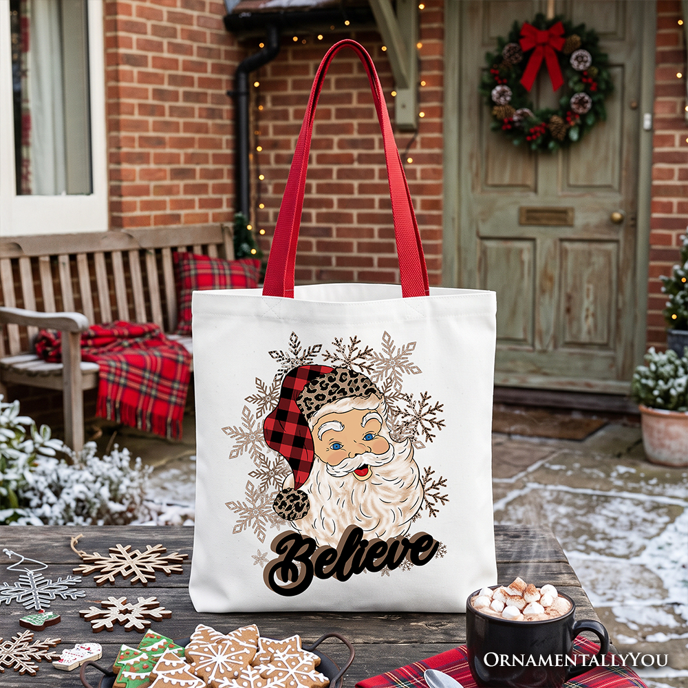 Believe Santa buffalo plaid tote bag with snowflakes and red carry handles
