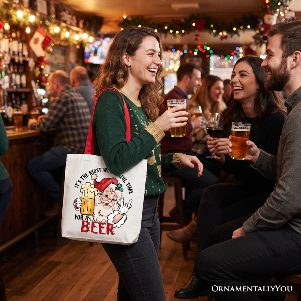 Santa beer tote bag carried on a shopper’s arm in a holiday pub setting