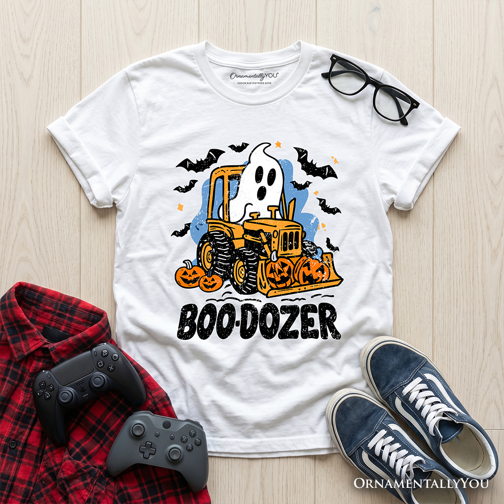 White kids Boo-Dozer T-shirt with construction vehicle graphic on front