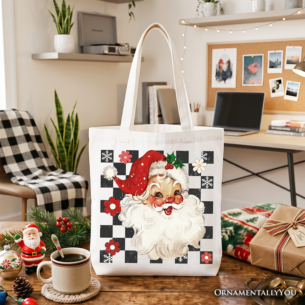 White tote bag with top handles and Santa Claus print over black checkered panels