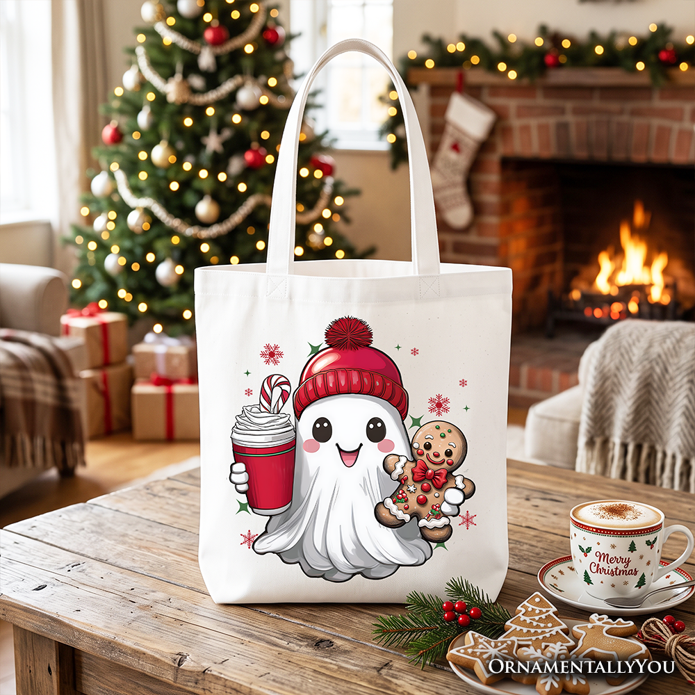 White tote bag with cute ghost holding gingerbread cookie and cocoa cup, natural handles