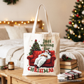 Cream tote bag with Santa-on-couch 'Just waiting for Christmas' print, wide open handles