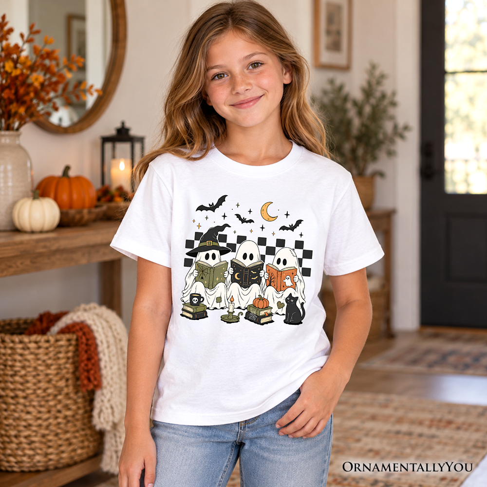 Kids white reading ghosts T-shirt with witch cat, moon, and checkerboard graphic