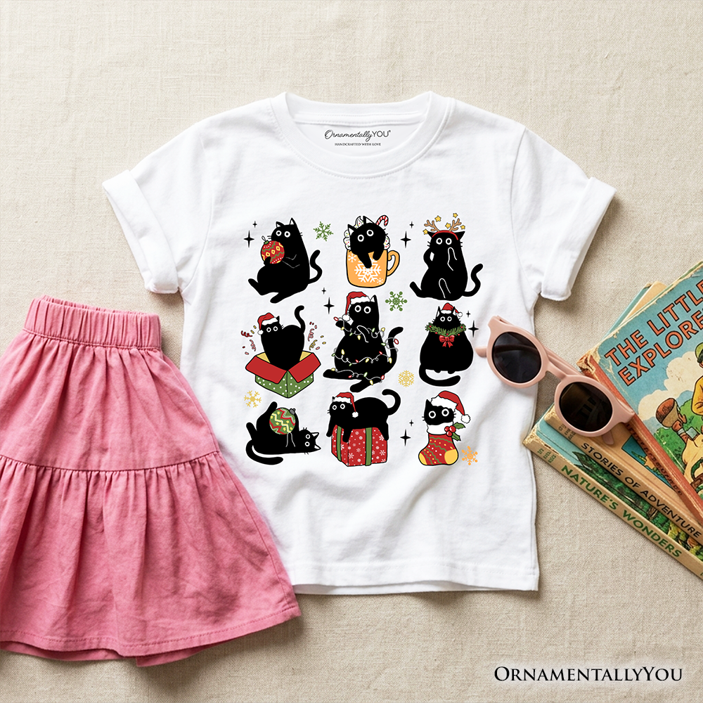 White kids crew-neck T-shirt with black cats holiday graphic print