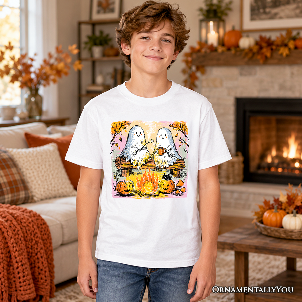 Kids white T-shirt with ghost and pumpkin campfire graphic