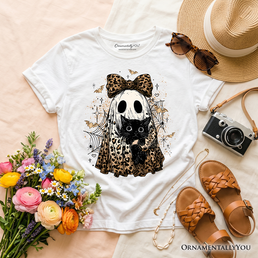 White kids t-shirt with leopard bow and black cat graphic, crew neck